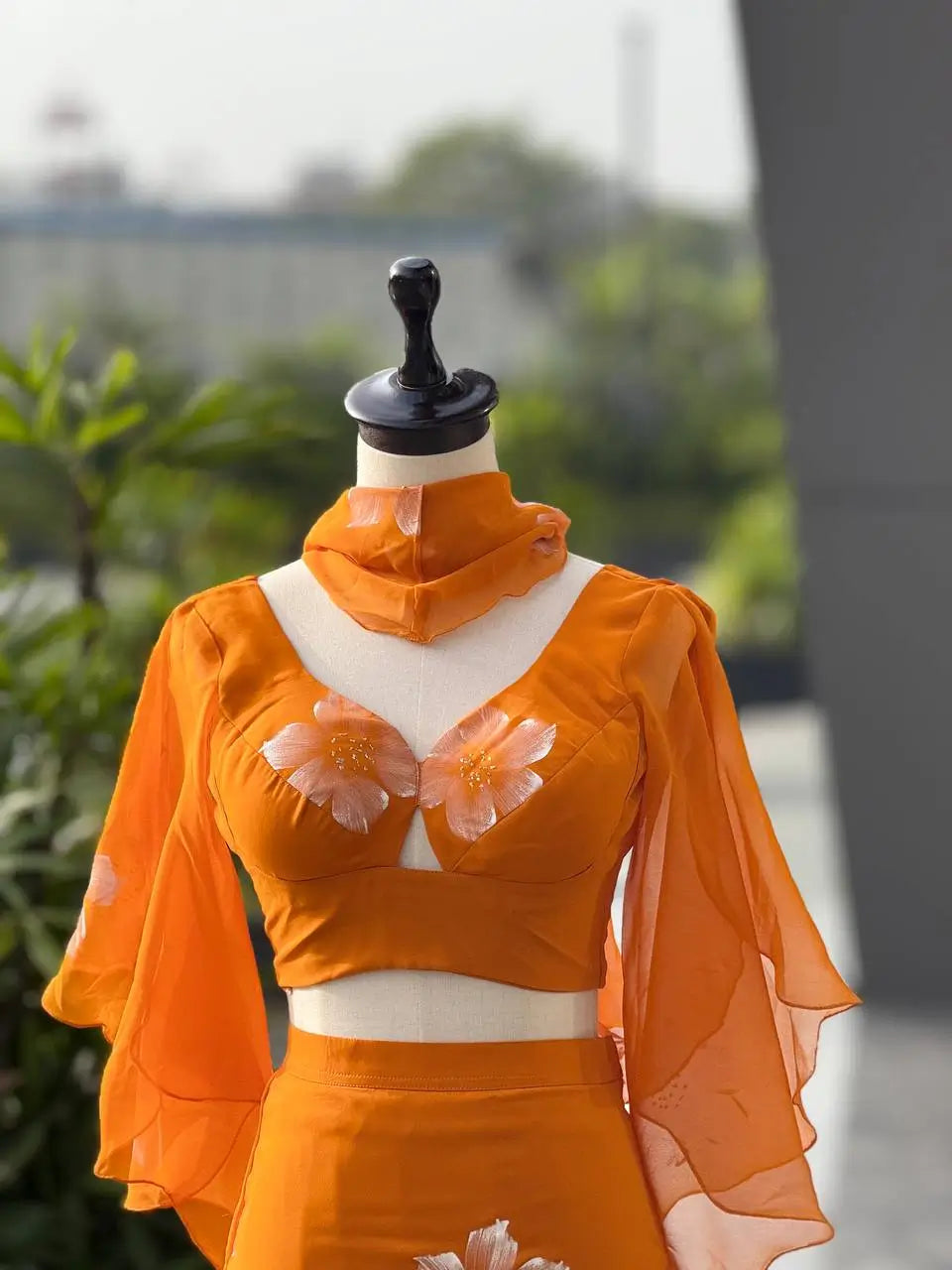 Handpainted Georgette Fishcut Lehenga Set with Ruffle Sleeve Blouse