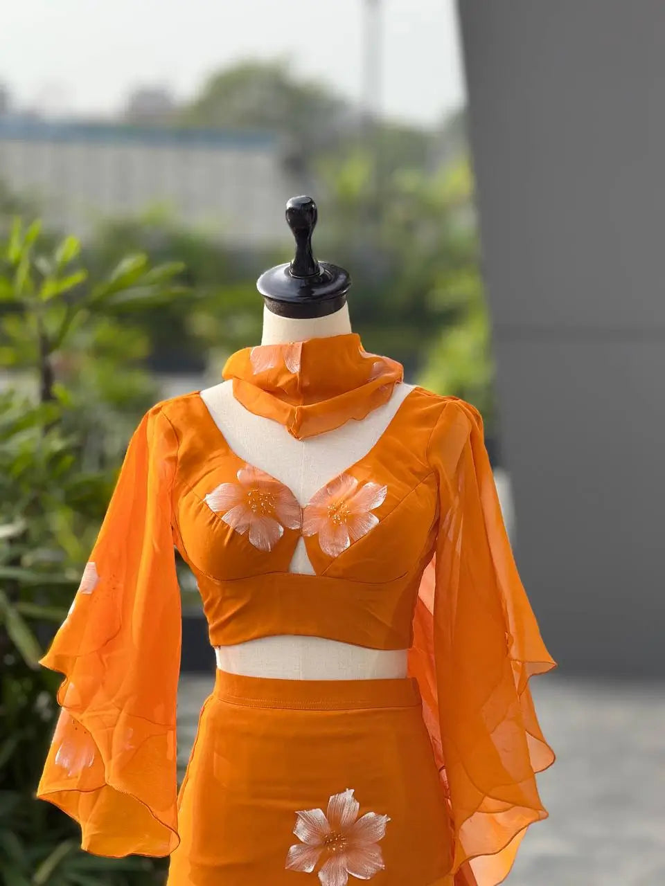 Handpainted Georgette Fishcut Lehenga Set with Ruffle Sleeve Blouse
