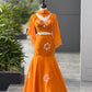 Handpainted Georgette Fishcut Lehenga Set with Ruffle Sleeve Blouse