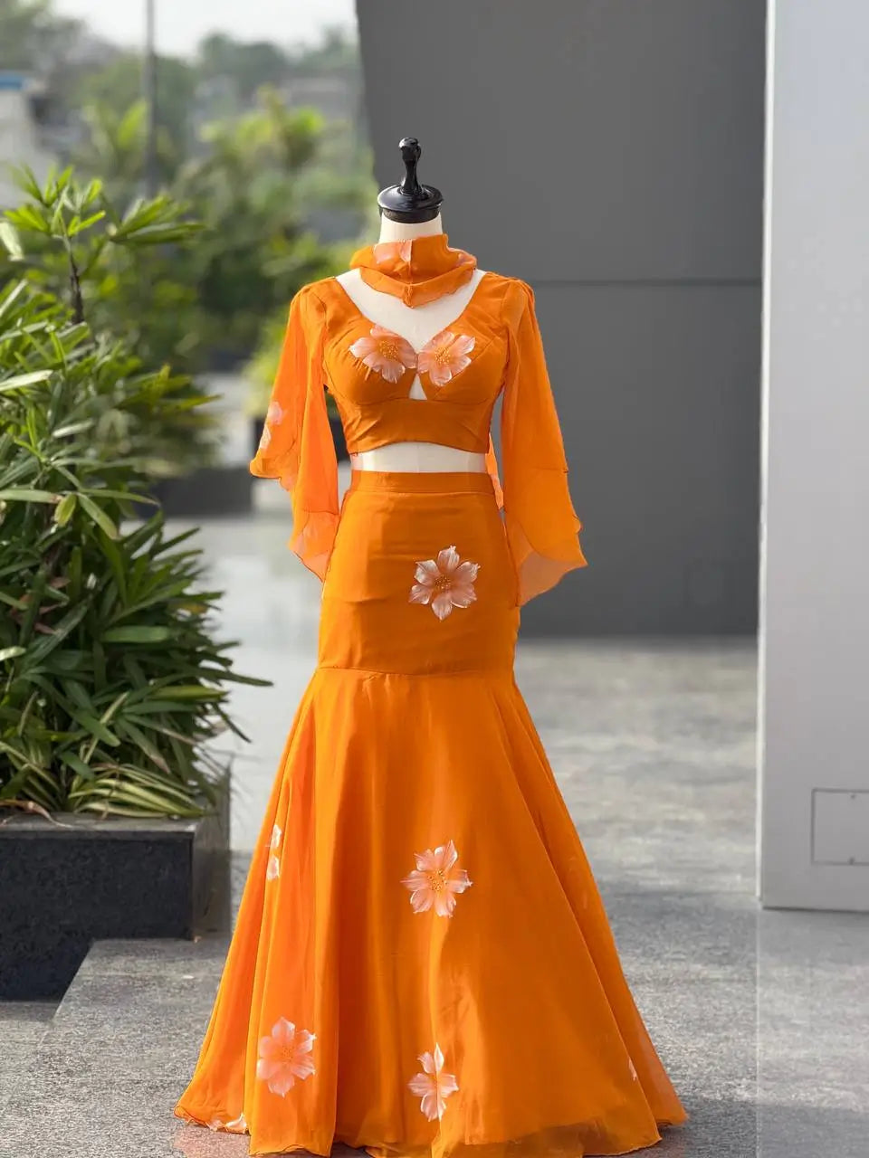 Handpainted Georgette Fishcut Lehenga Set with Ruffle Sleeve Blouse