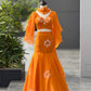 Handpainted Georgette Fishcut Lehenga Set with Ruffle Sleeve Blouse