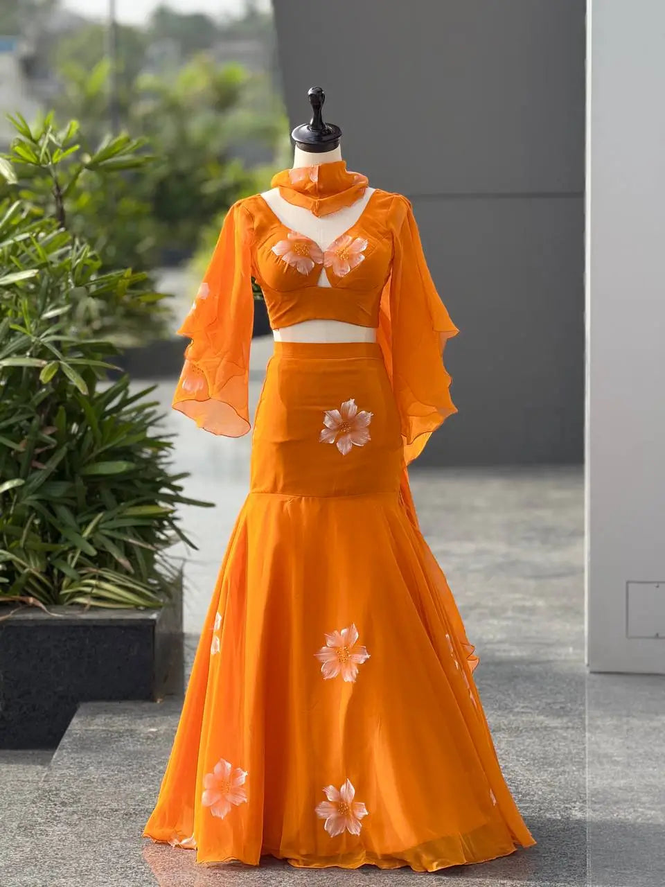 Handpainted Georgette Fishcut Lehenga Set with Ruffle Sleeve Blouse