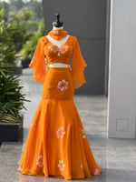 Handpainted Georgette Fishcut Lehenga Set with Ruffle Sleeve Blouse