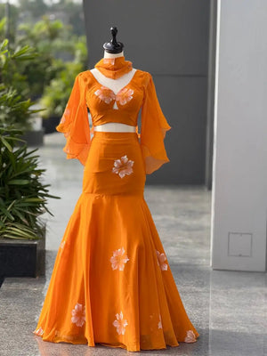 Handpainted Georgette Fishcut Lehenga Set with Ruffle Sleeve Blouse