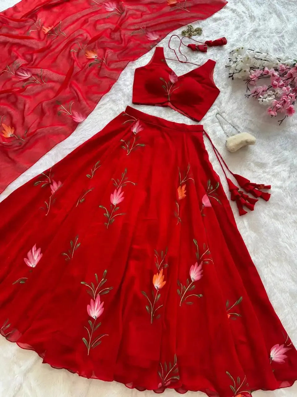 Handpainted Georgette Lehenga Set with Designer Blouse & Dupatta