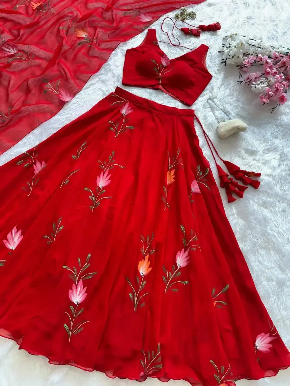 Handpainted Georgette Lehenga Set with Designer Blouse & Dupatta