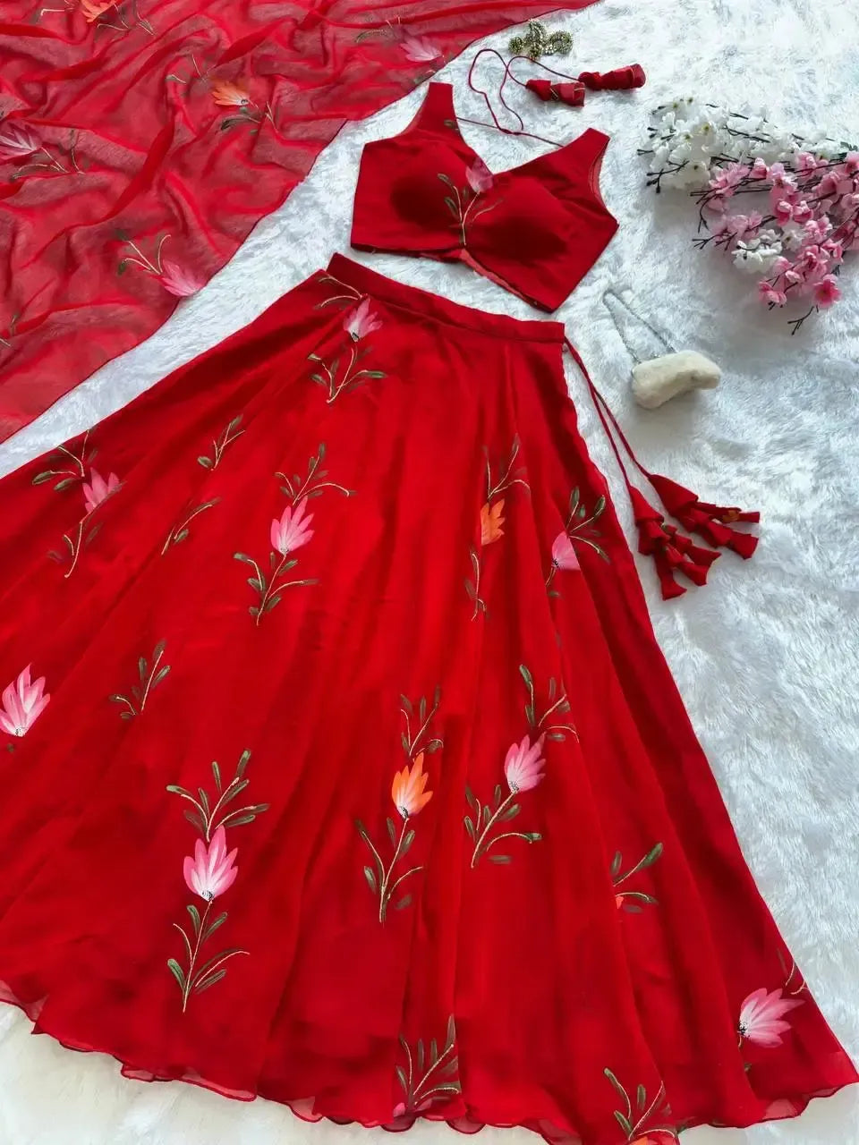 Handpainted Georgette Lehenga Set with Designer Blouse & Dupatta