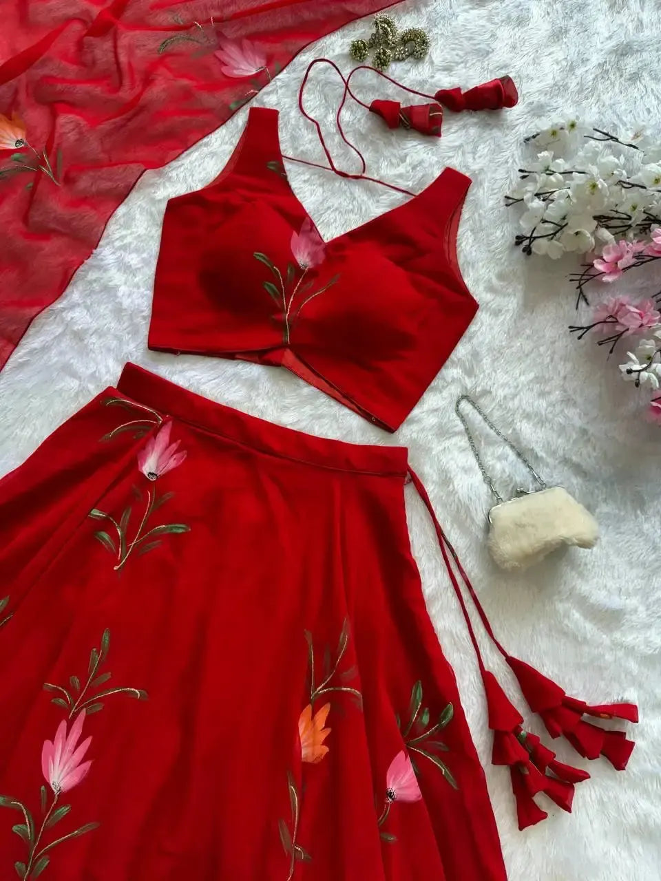 Handpainted Georgette Lehenga Set with Designer Blouse & Dupatta