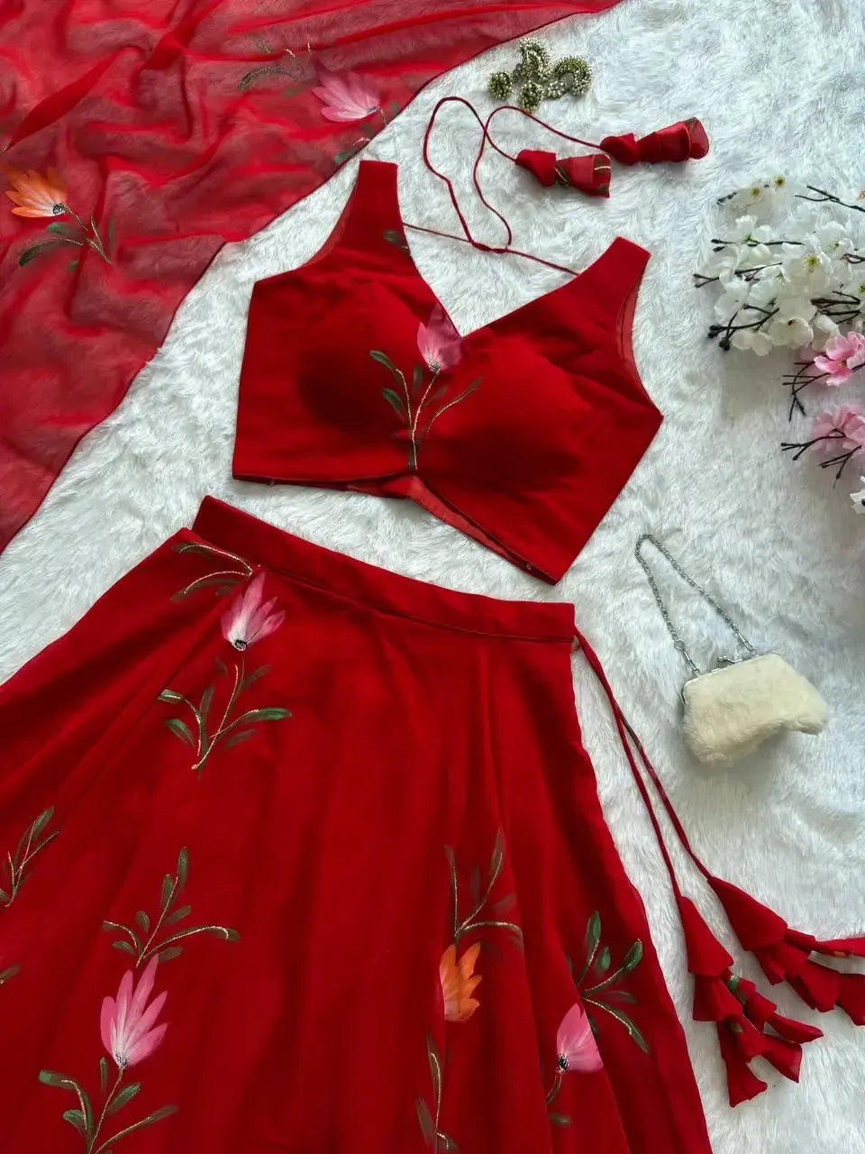 Handpainted Georgette Lehenga Set with Designer Blouse & Dupatta