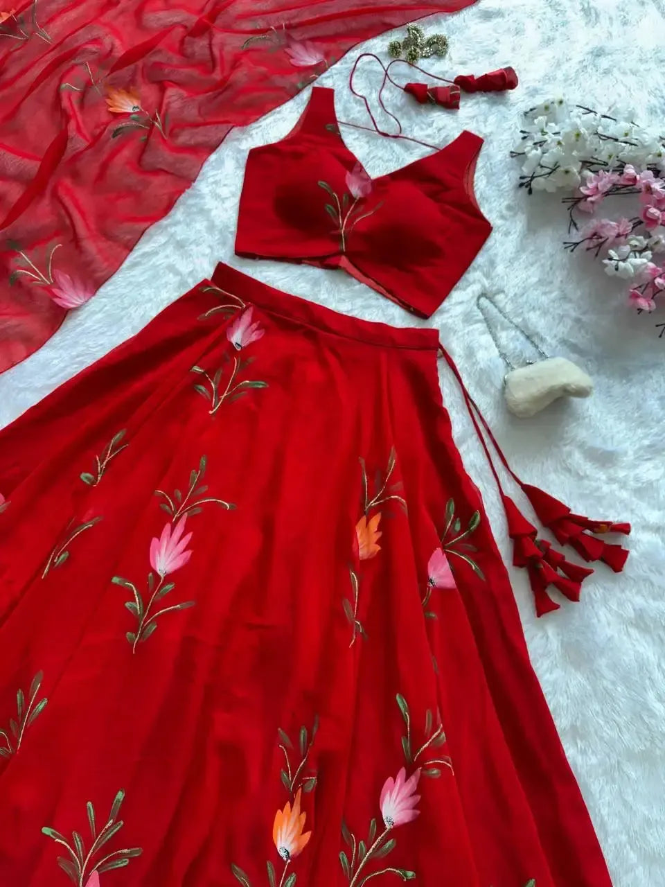 Handpainted Georgette Lehenga Set with Designer Blouse & Dupatta