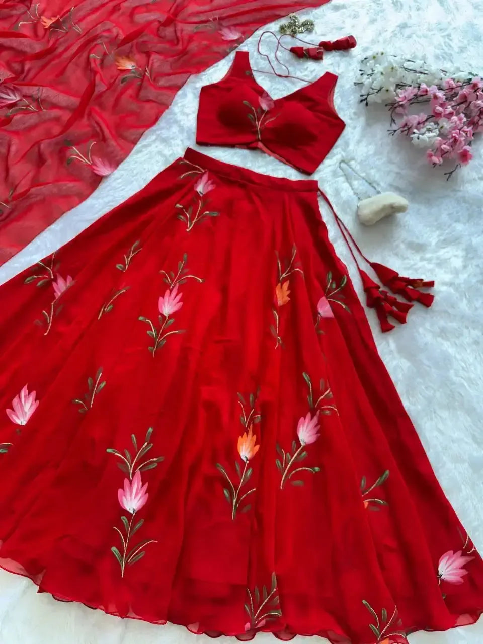 Handpainted Georgette Lehenga Set with Designer Blouse & Dupatta