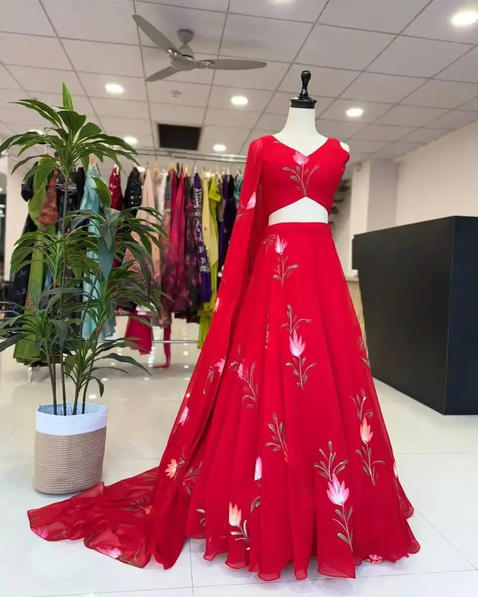 Handpainted Georgette Lehenga Set with Designer Blouse & Dupatta
