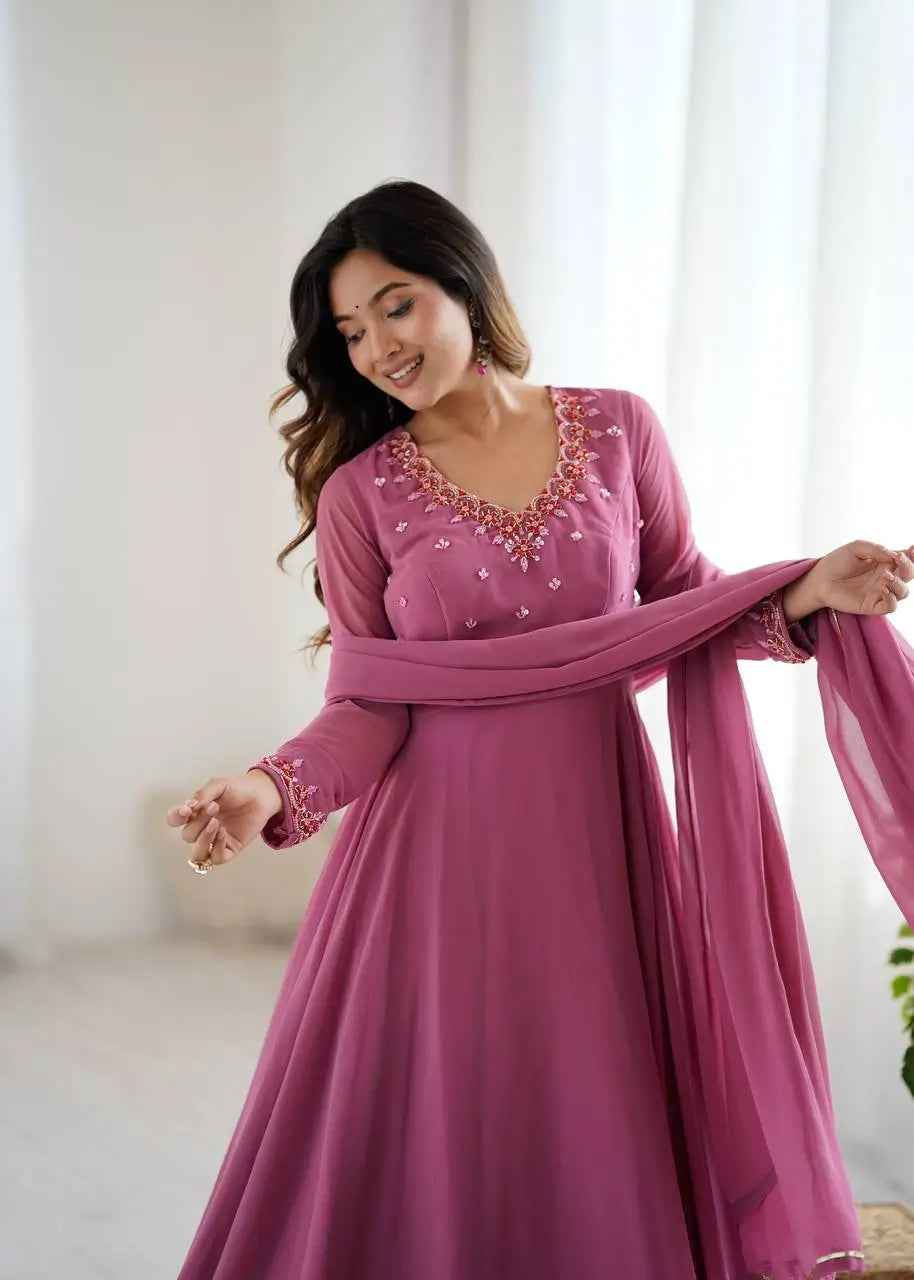 Handwork Embroidered Georgette Gown Set with Dupatta and Pant