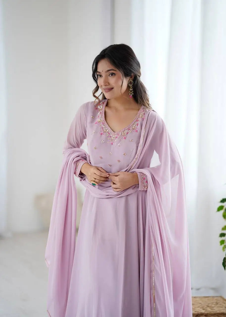 Handwork Embroidered Georgette Gown Set with Dupatta and Pant