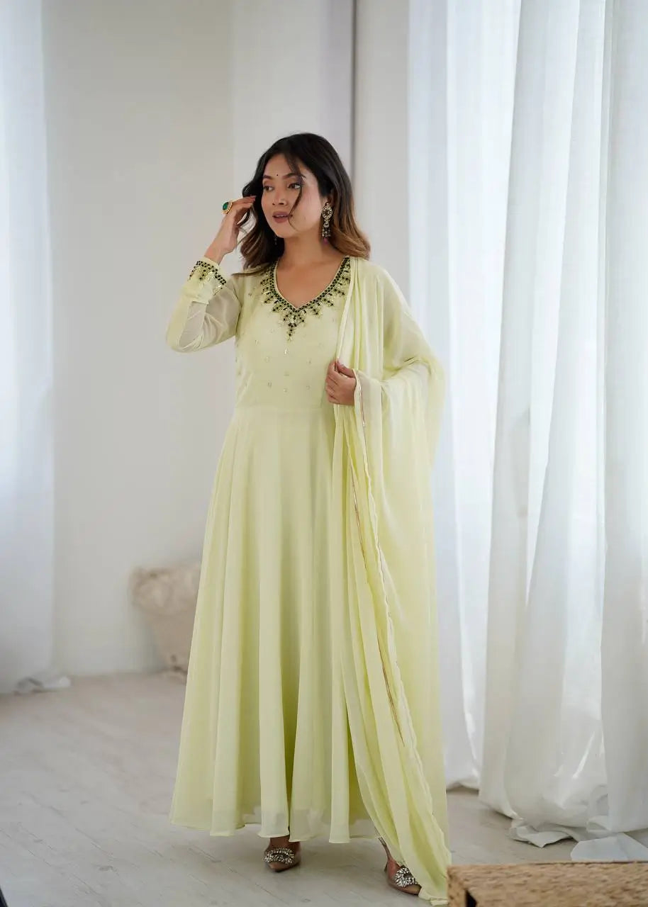 Handwork Embroidered Georgette Gown Set with Dupatta and Pant