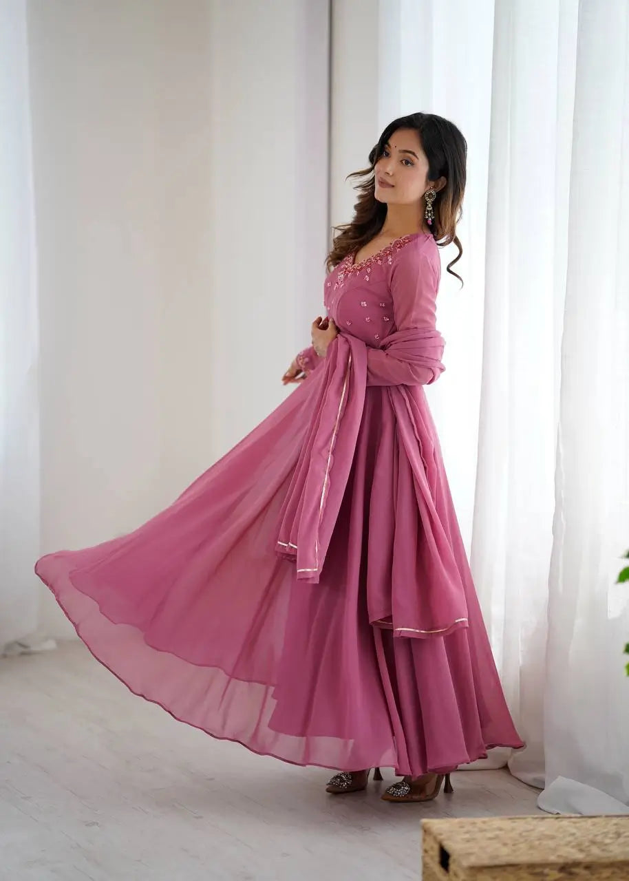 Handwork Embroidered Georgette Gown Set with Dupatta and Pant