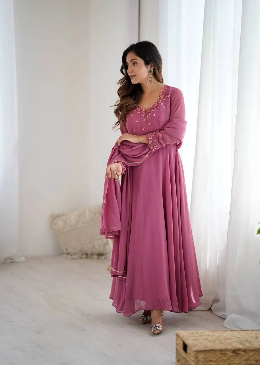 Handwork Embroidered Georgette Gown Set with Dupatta and Pant