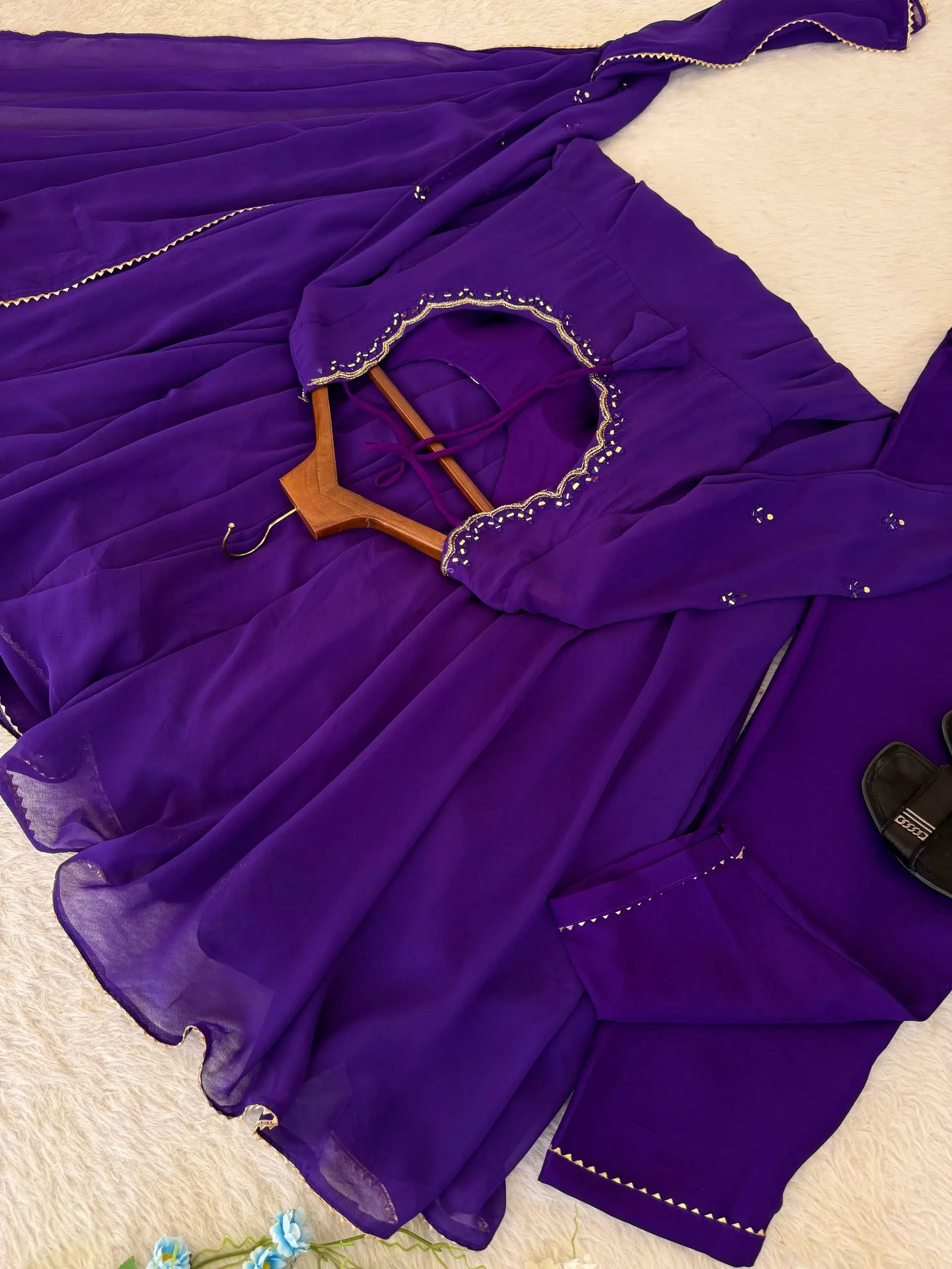 Handwork Embroidered Georgette Gown Set with Dupatta and Pant