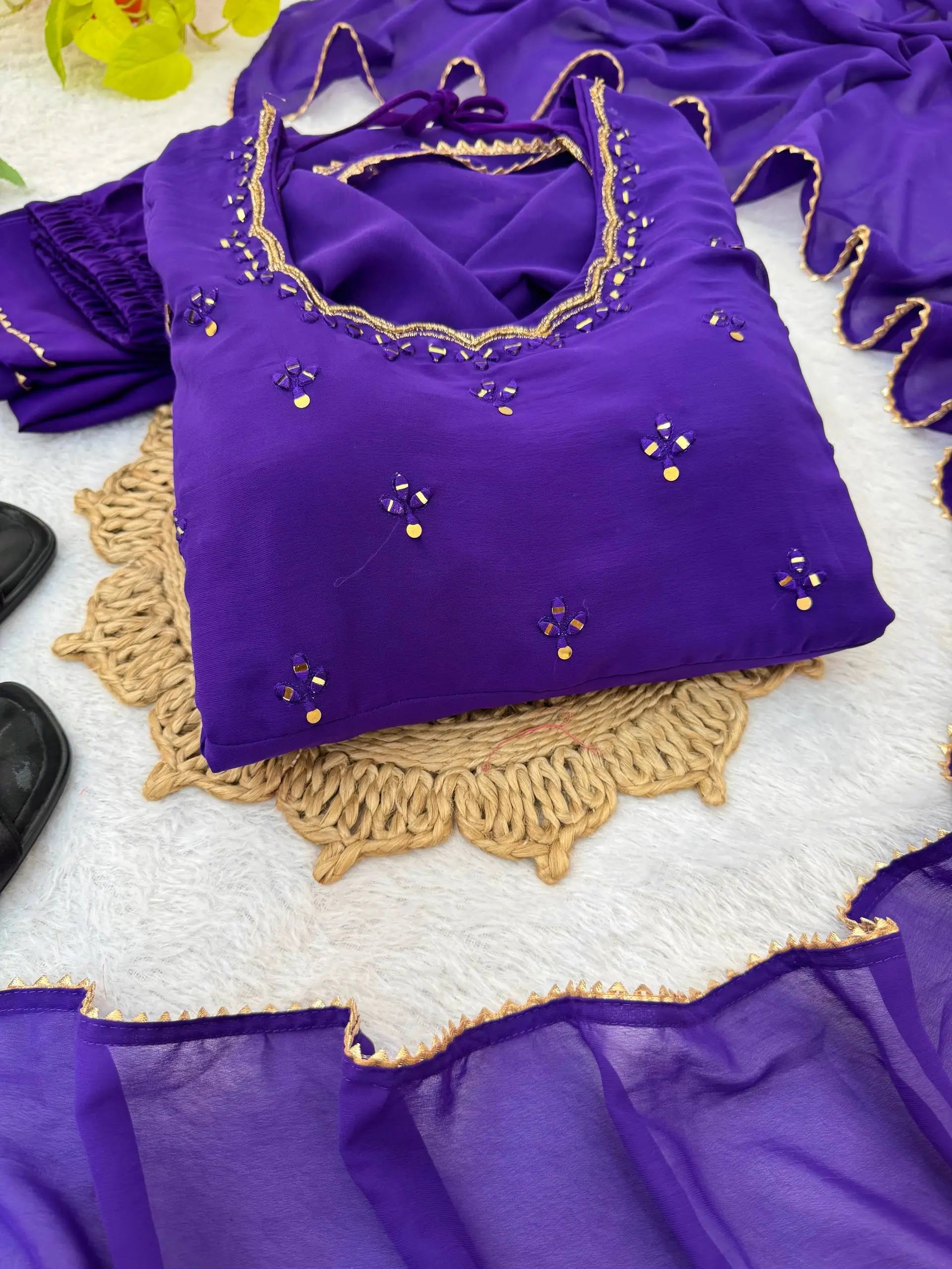 Handwork Embroidered Georgette Gown Set with Dupatta and Pant