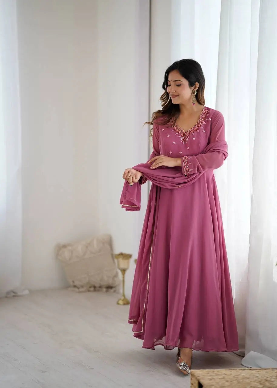 Handwork Embroidered Georgette Gown Set with Dupatta and Pant