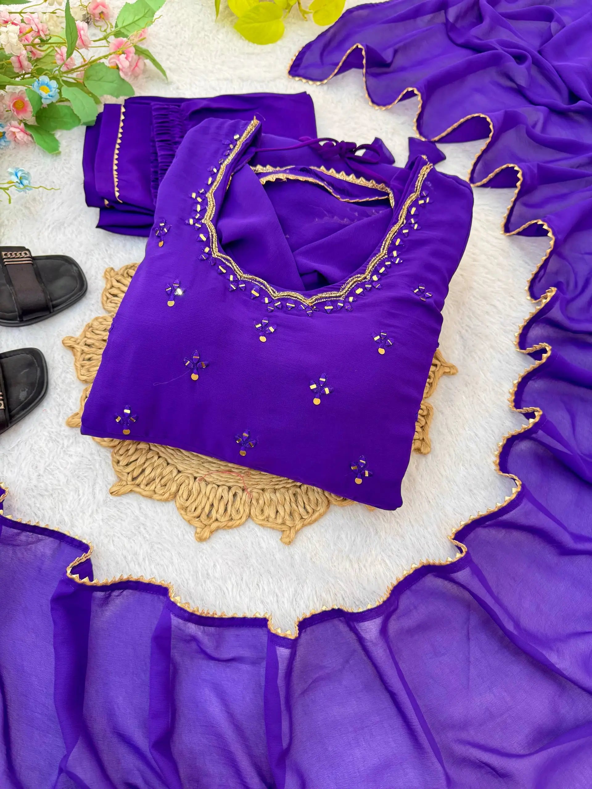 Handwork Embroidered Georgette Gown Set with Dupatta and Pant