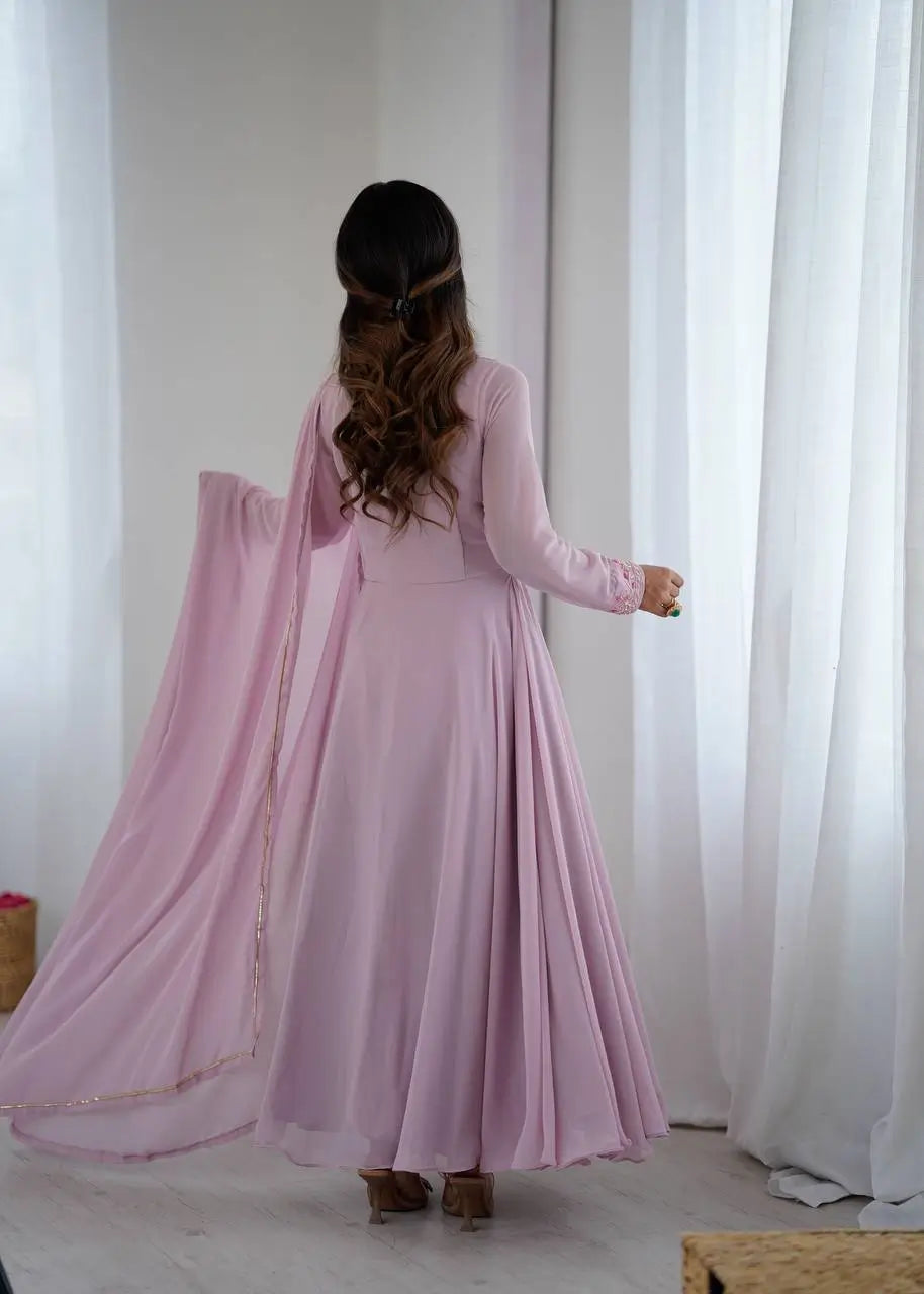 Handwork Embroidered Georgette Gown Set with Dupatta and Pant