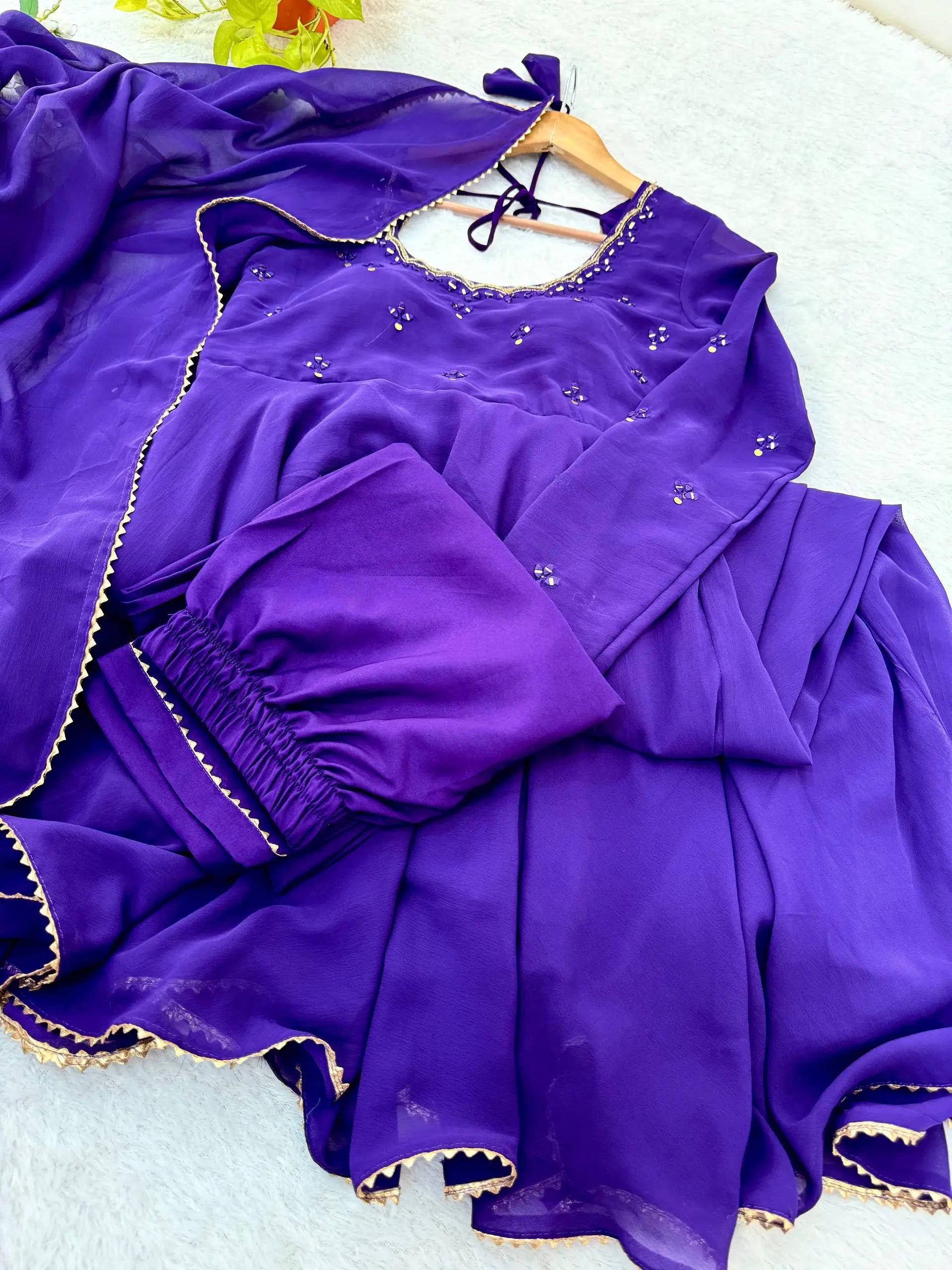 Handwork Embroidered Georgette Gown Set with Dupatta and Pant