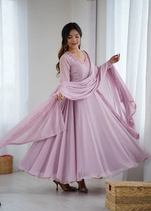 Handwork Embroidered Georgette Gown Set with Dupatta and Pant