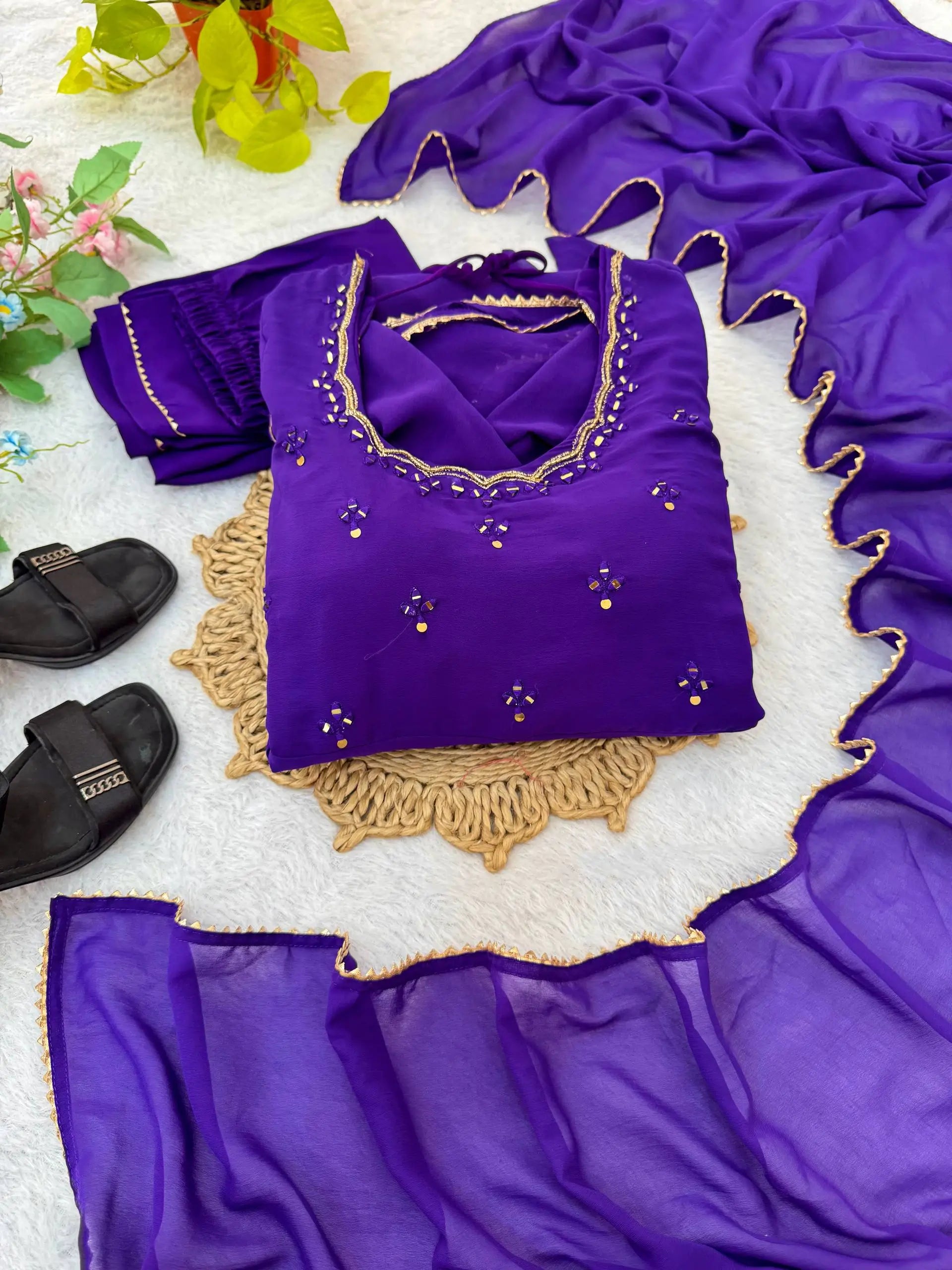 Handwork Embroidered Georgette Gown Set with Dupatta and Pant