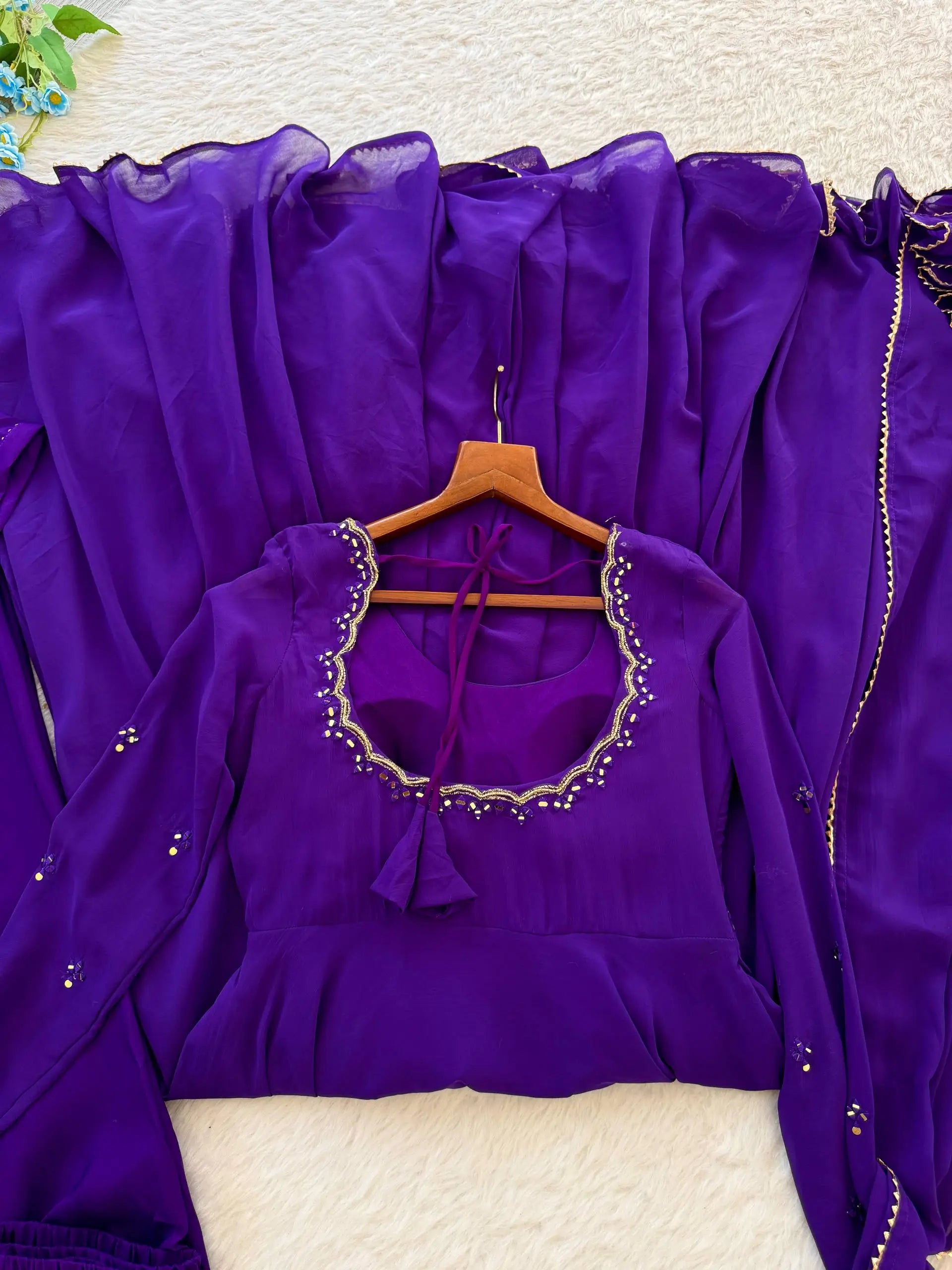 Handwork Embroidered Georgette Gown Set with Dupatta and Pant