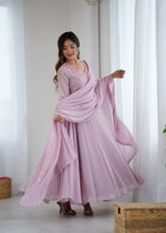 Handwork Embroidered Georgette Gown Set with Dupatta and Pant