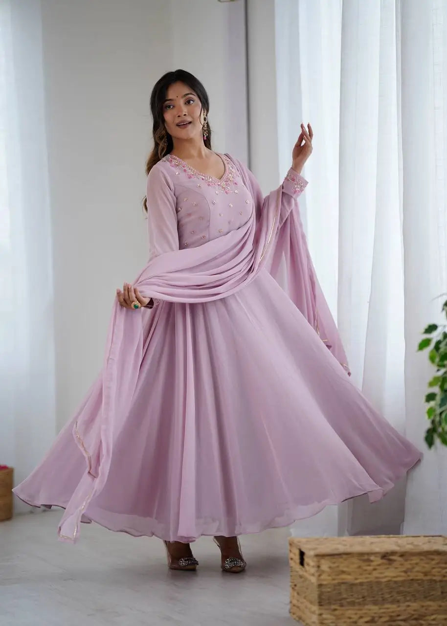 Handwork Embroidered Georgette Gown Set with Dupatta and Pant