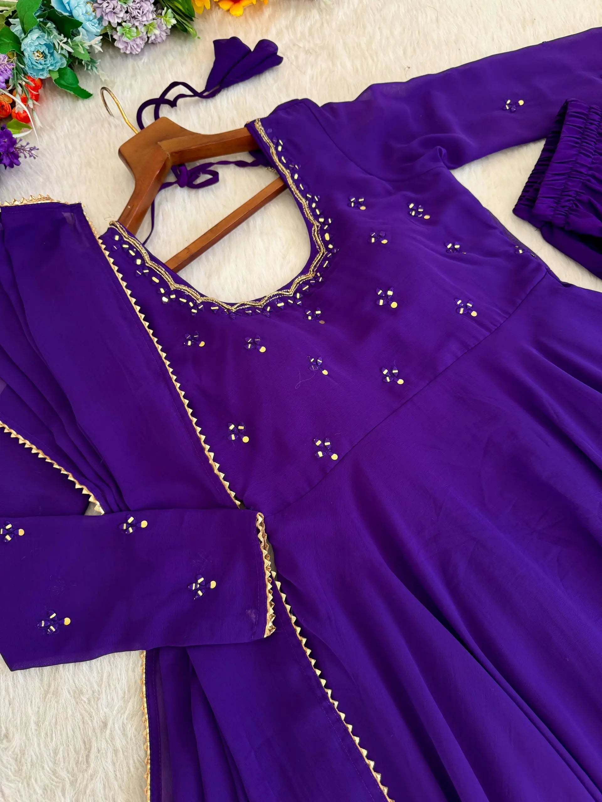 Handwork Embroidered Georgette Gown Set with Dupatta and Pant