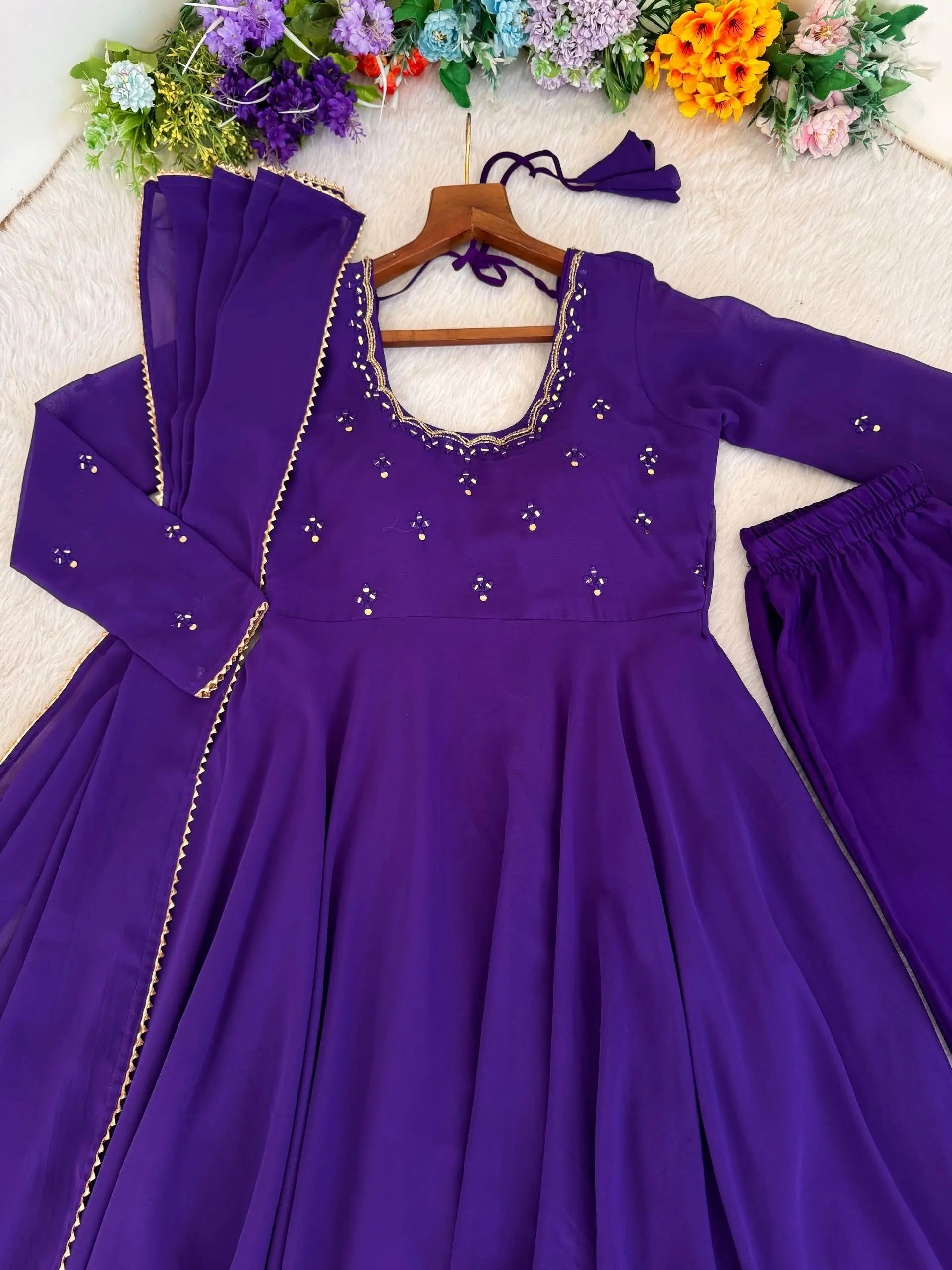 Handwork Embroidered Georgette Gown Set with Dupatta and Pant