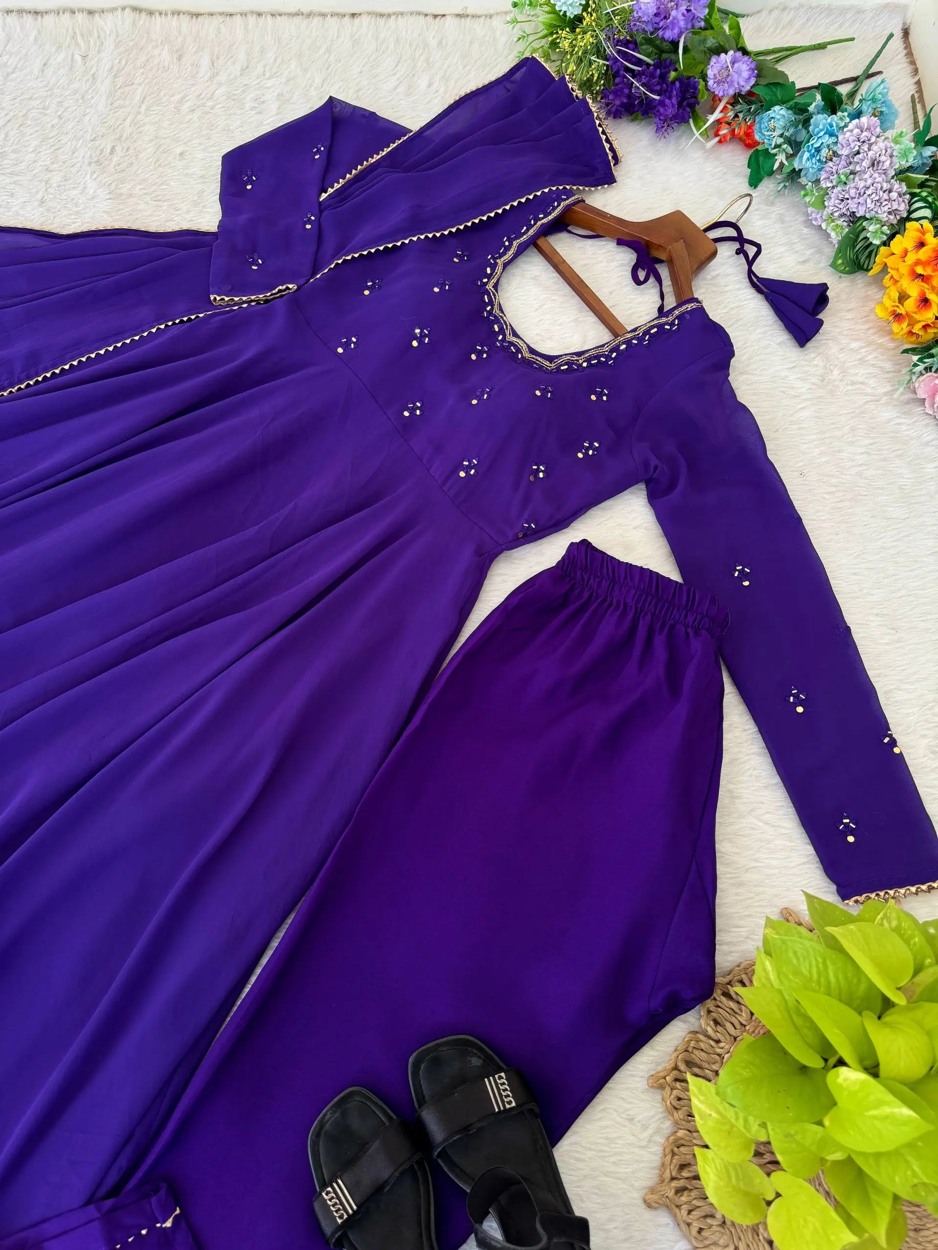 Handwork Embroidered Georgette Gown Set with Dupatta and Pant