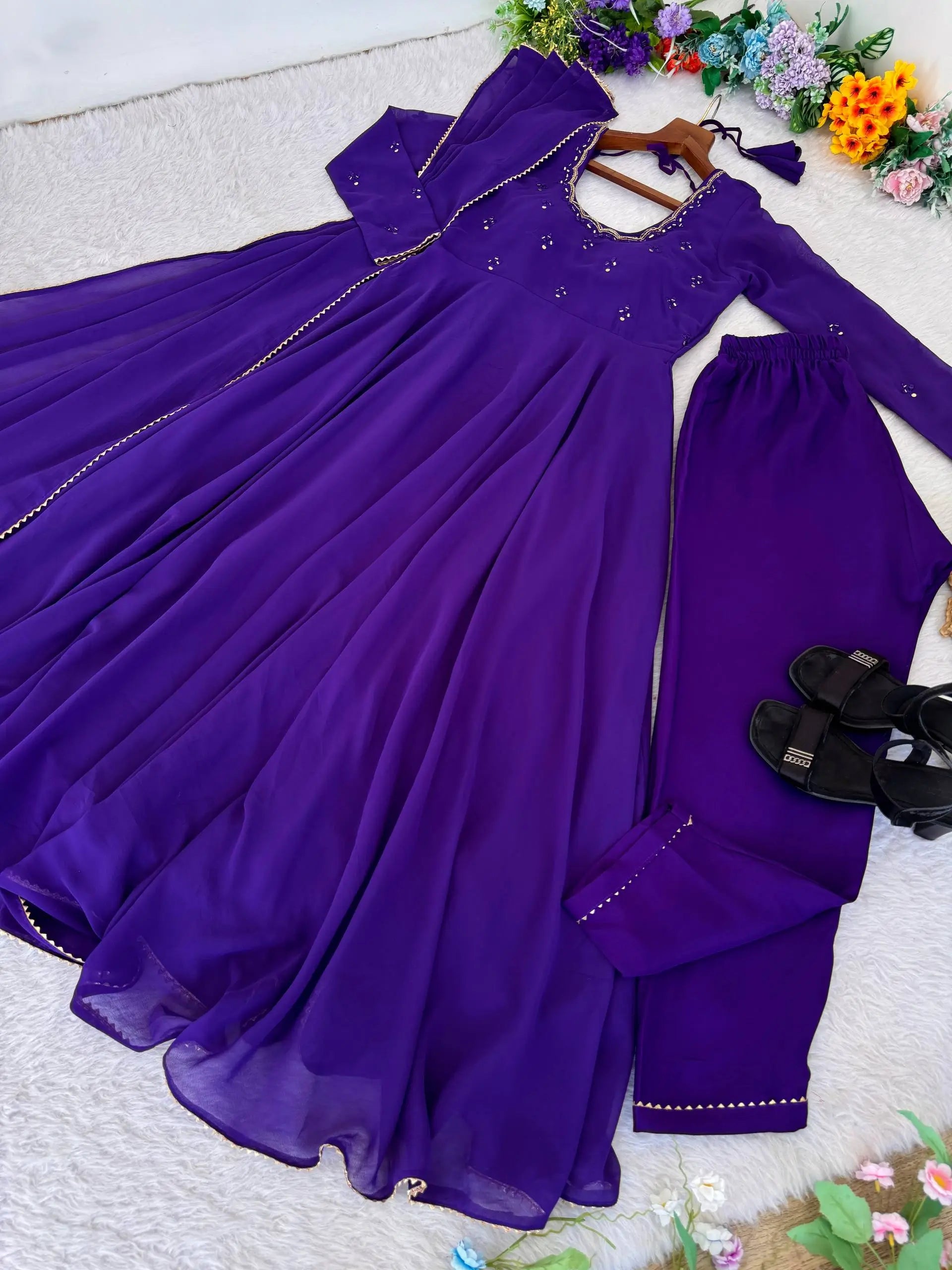 Handwork Embroidered Georgette Gown Set with Dupatta and Pant