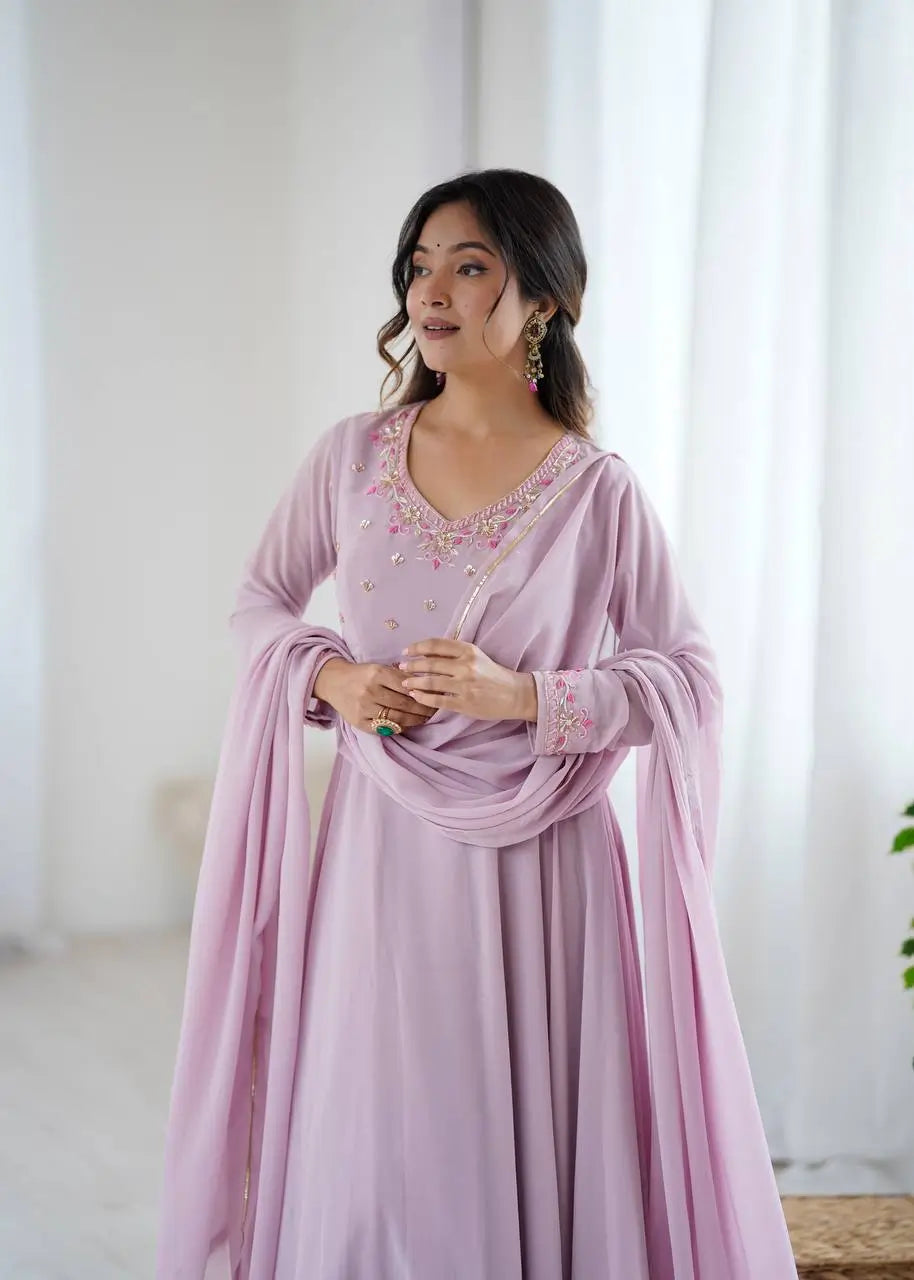 Handwork Embroidered Georgette Gown Set with Dupatta and Pant