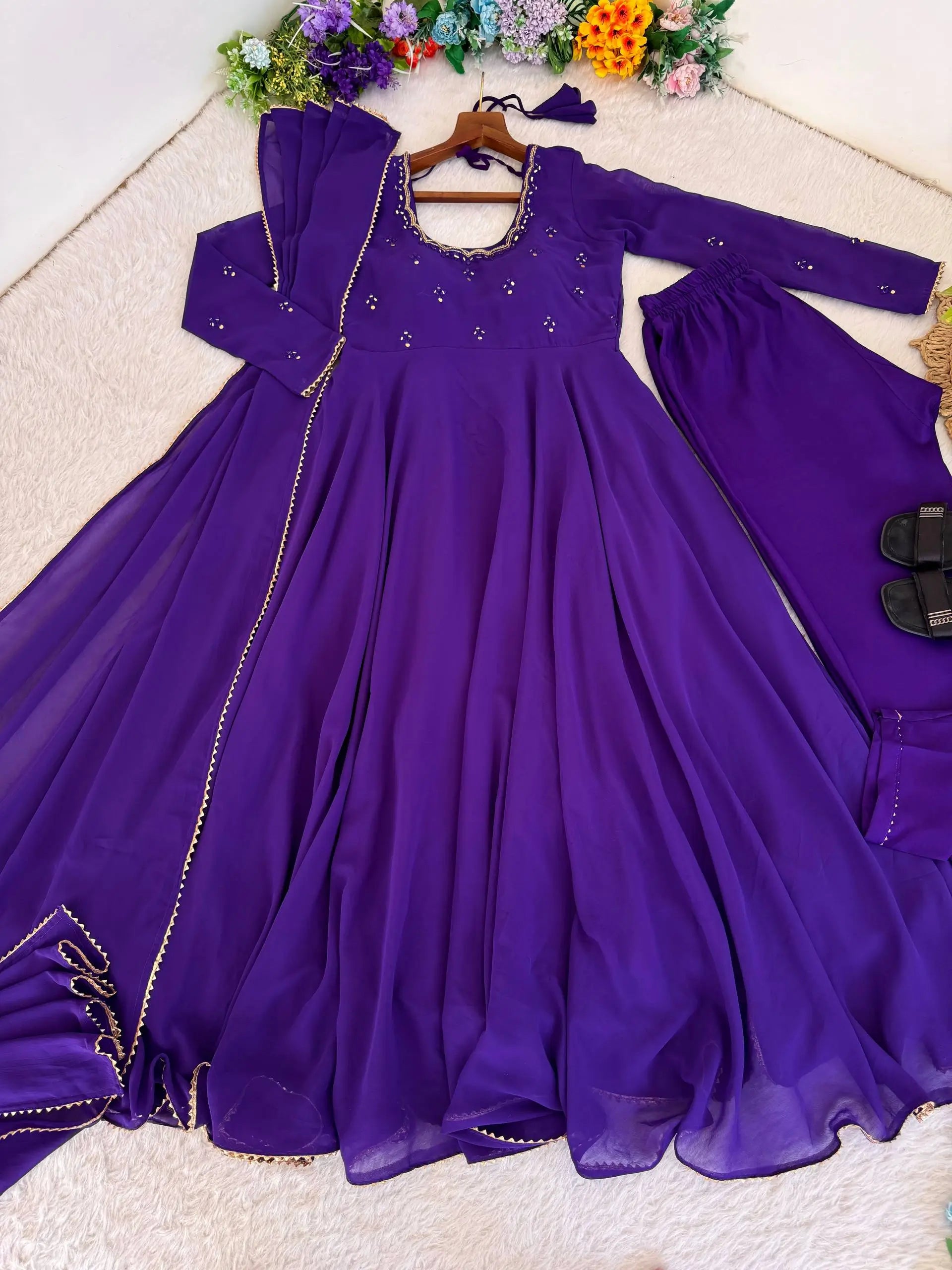 Handwork Embroidered Georgette Gown Set with Dupatta and Pant