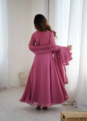 Handwork Embroidered Georgette Gown Set with Dupatta and Pant