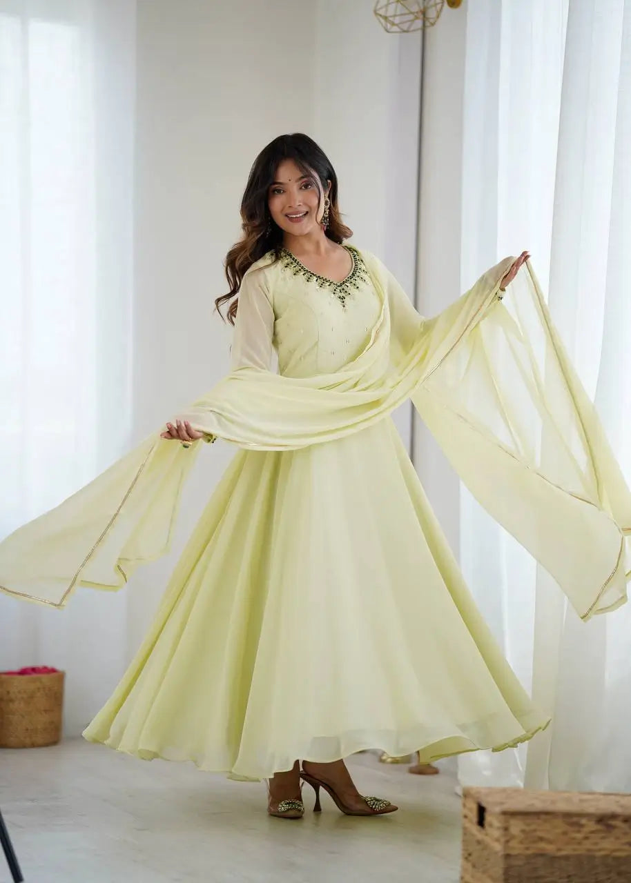 Handwork Embroidered Georgette Gown Set with Dupatta and Pant