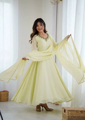 Handwork Embroidered Georgette Gown Set with Dupatta and Pant