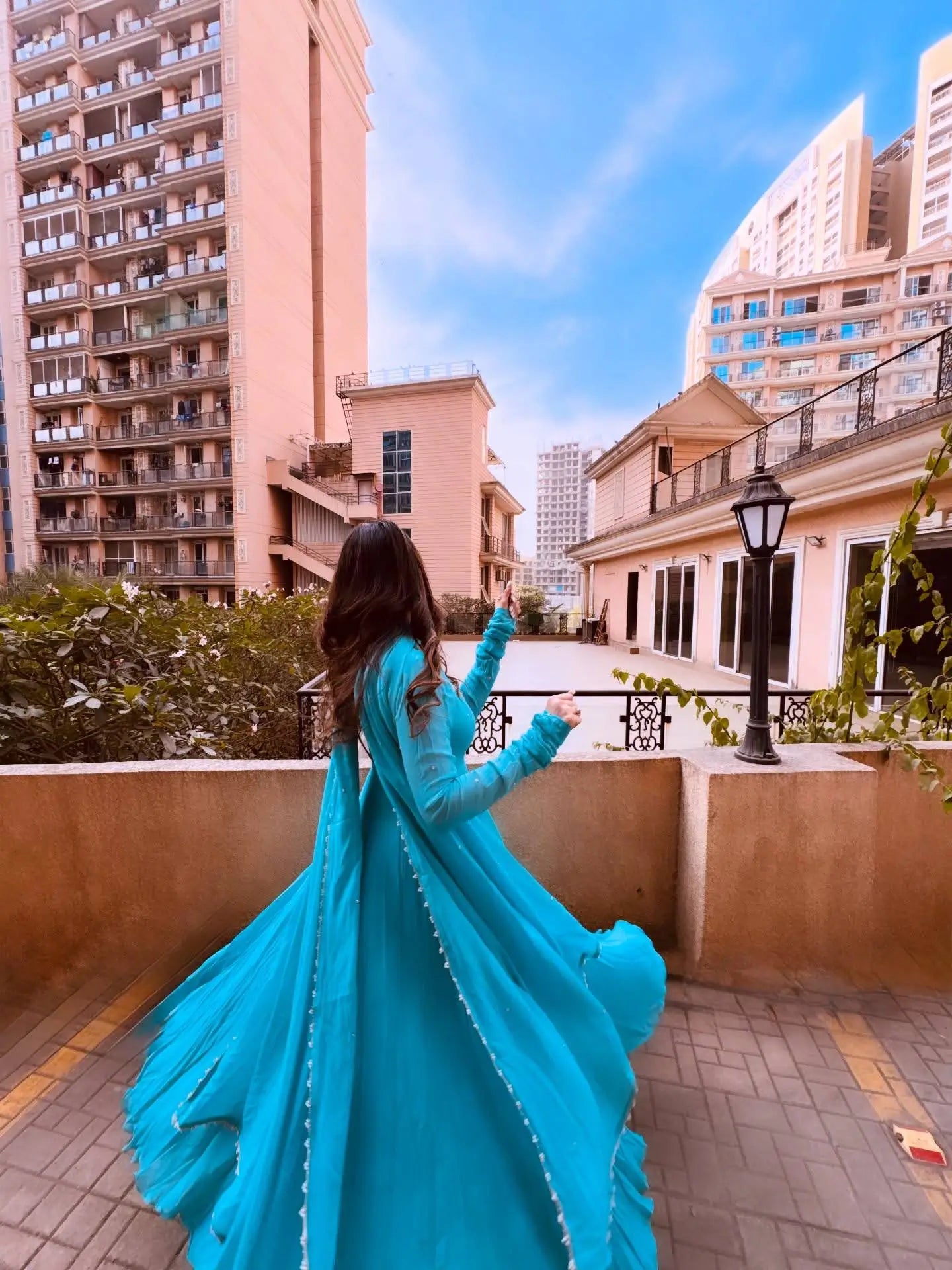 Handwork Embroidered Georgette Gown Set with Dupatta and Pant