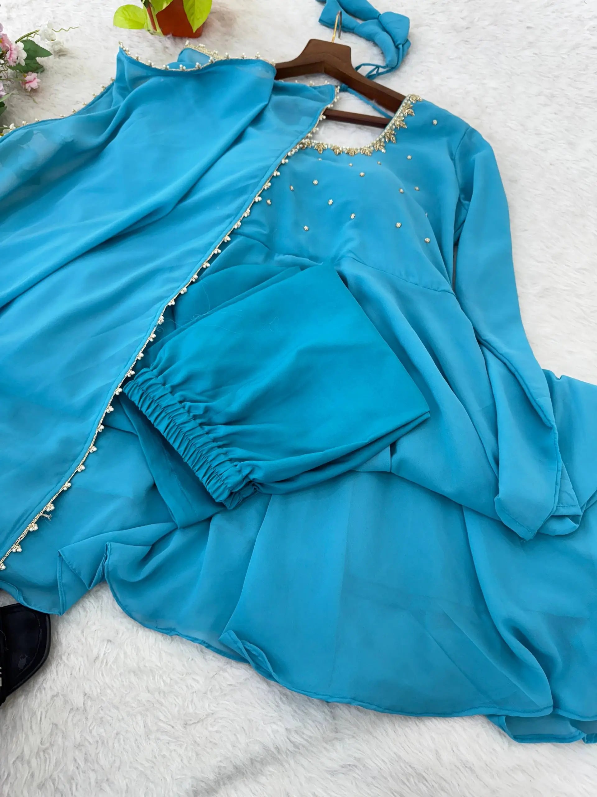 Handwork Embroidered Georgette Gown Set with Dupatta and Pant