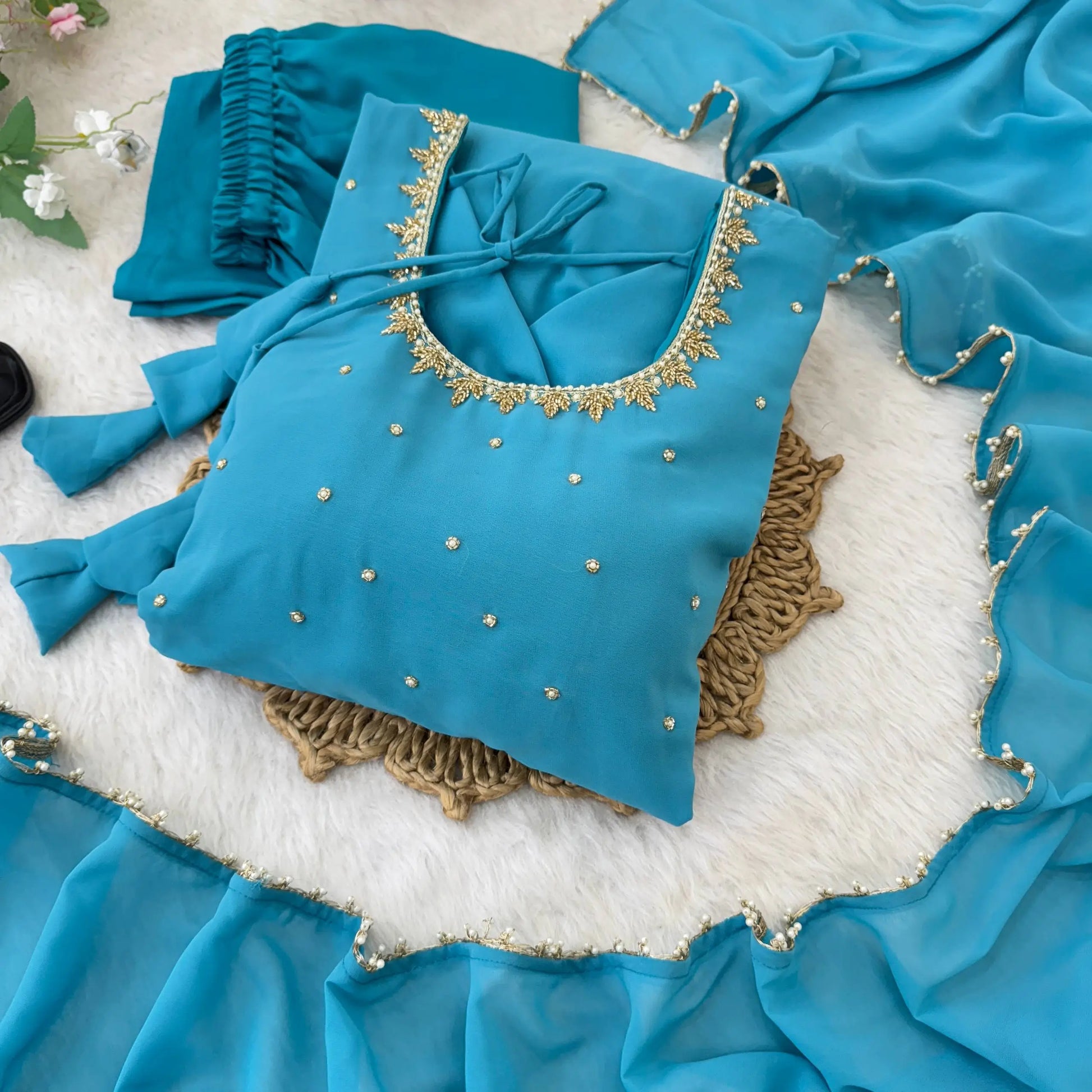 Handwork Embroidered Georgette Gown Set with Dupatta and Pant