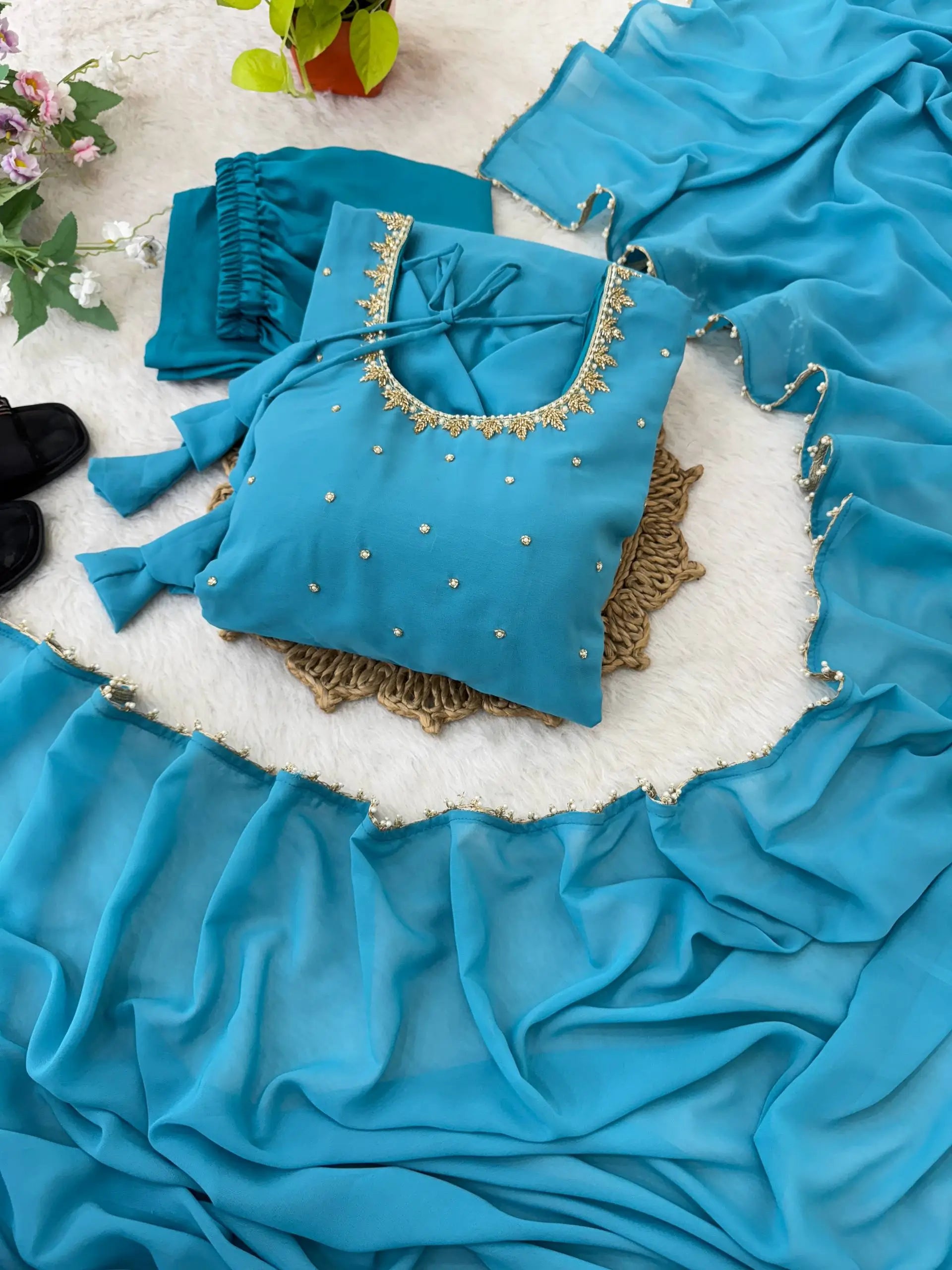 Handwork Embroidered Georgette Gown Set with Dupatta and Pant