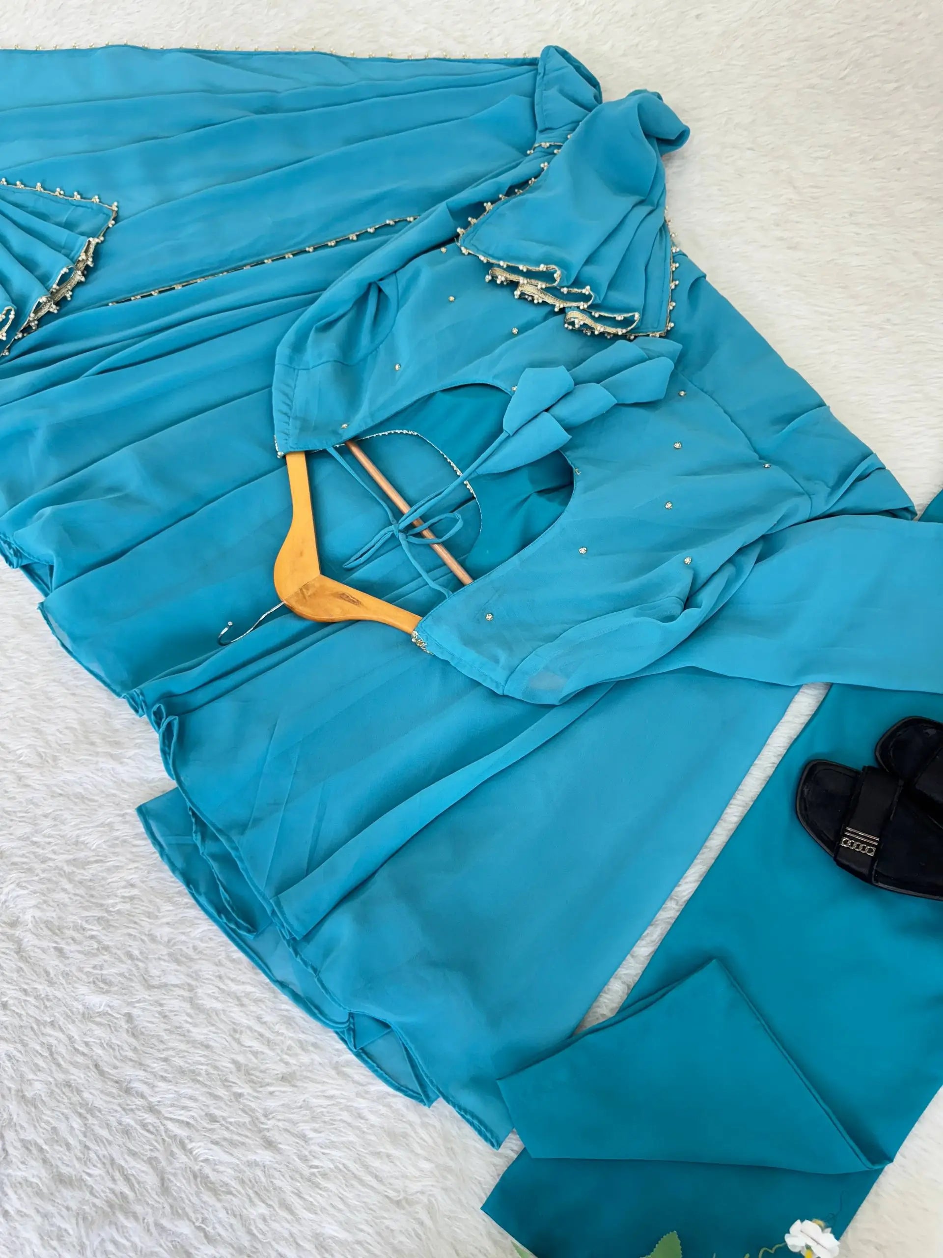 Handwork Embroidered Georgette Gown Set with Dupatta and Pant