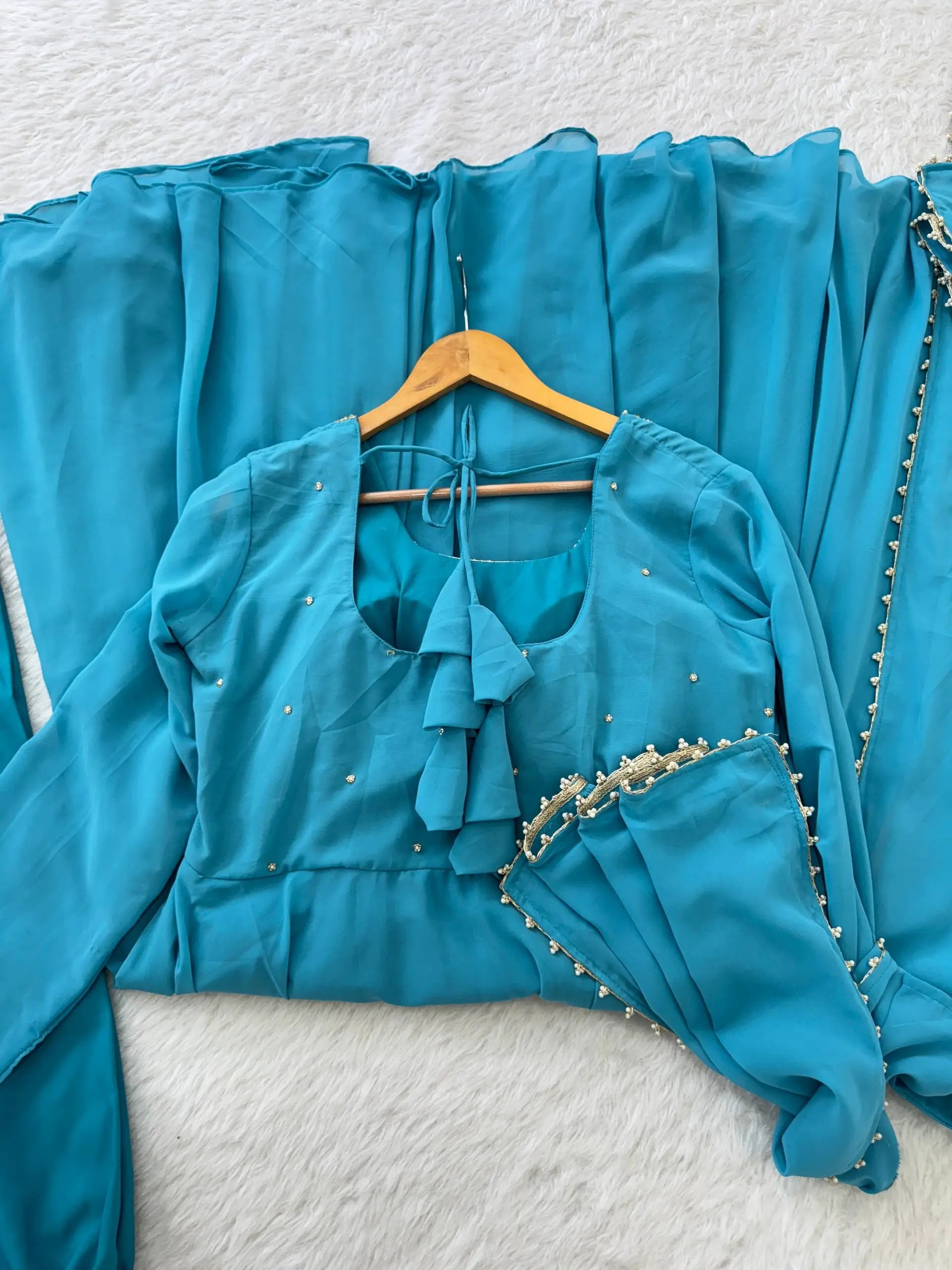 Handwork Embroidered Georgette Gown Set with Dupatta and Pant