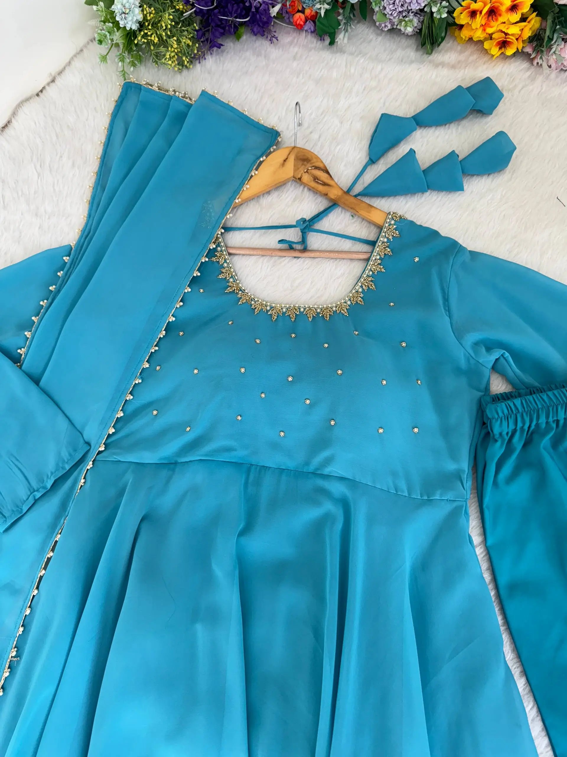 Handwork Embroidered Georgette Gown Set with Dupatta and Pant