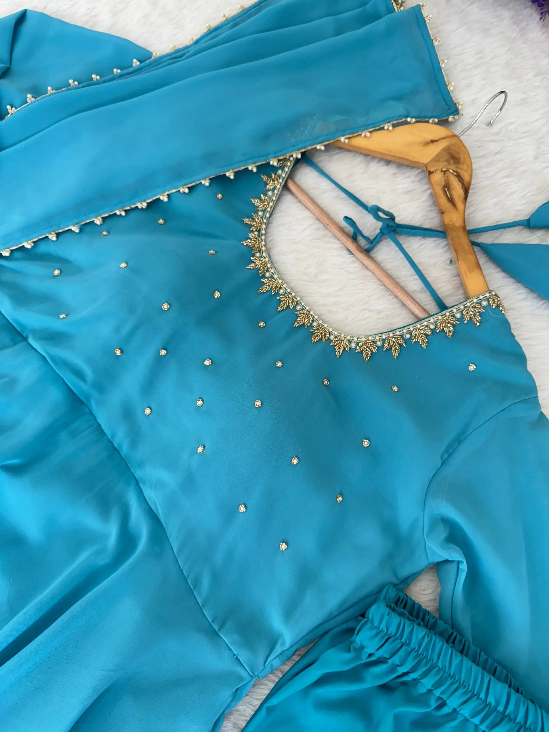 Handwork Embroidered Georgette Gown Set with Dupatta and Pant