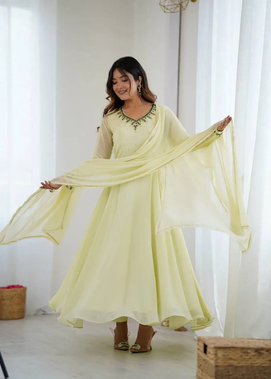 Handwork Embroidered Georgette Gown Set with Dupatta and Pant